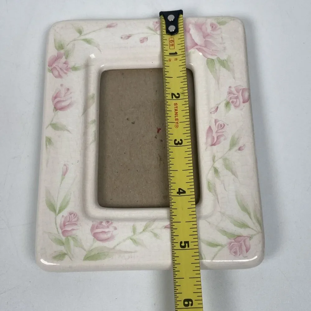 Burnes Ceramic Photo Picture Frame White Pink Floral Rose  Cottage 4.5